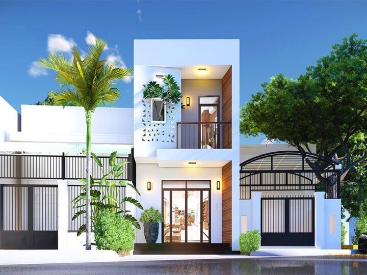 Mẫu nhà này mang vẻ đẹp hiện đại, đảm bảo các không gian chức năng tiện nghi. Tầng 1 gồm phòng khách, phòng thờ, phòng bếp có cửa sổ hướng ra bên ngoài. Tầng 2 chia thành 2 phần làm 2 phòng ngủ, 1 phòng làm việc và nhà vệ sinh khép kín.