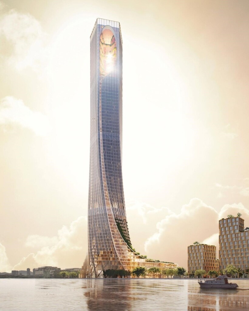 Điểm khác biệt lớn nhất của tòa tháp nằm ở ngôn ngữ kiến trúc thấm đẫm bản sắc Việt. Lấy “ngũ hành” làm cảm hứng, công trình hiện lên duyên dáng với thân tháp gợi hình tà áo dài trắng bay trong gió, đỉnh tháp lại bùng lên như ngọn lửa khát vọng, để ánh mặt trời len qua khoảng trống vòng cung, tỏa chiếu xuống thành phố tựa một ngọn hải đăng soi đường.