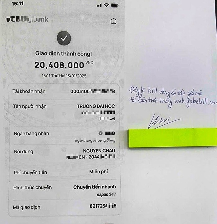 Một bill chuyển tiền giả. (Ảnh: Công an tỉnh Quảng Ngãi)