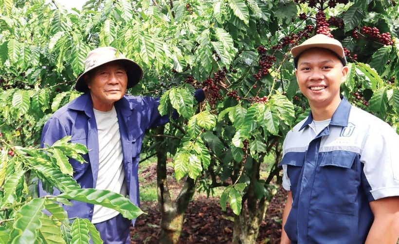 Anh Lộc và cha tại vườn cà phê. Ảnh: Báo Lâm Đồng