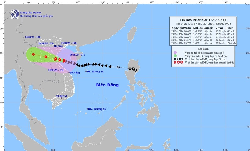 Dự báo đường đi của bão số 5. Ảnh: NCHMF