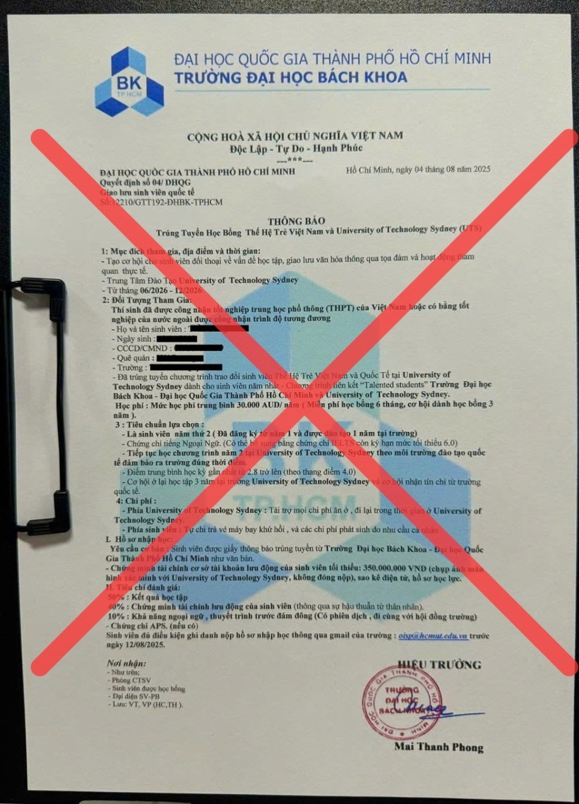 Trường Đại học Bách khoa cảnh báo văn bản giả mạo được làm tinh vi, đề nghị phụ huynh và học sinh nâng cao cảnh giác. Ảnh: Báo Tin tức & Dân tộc