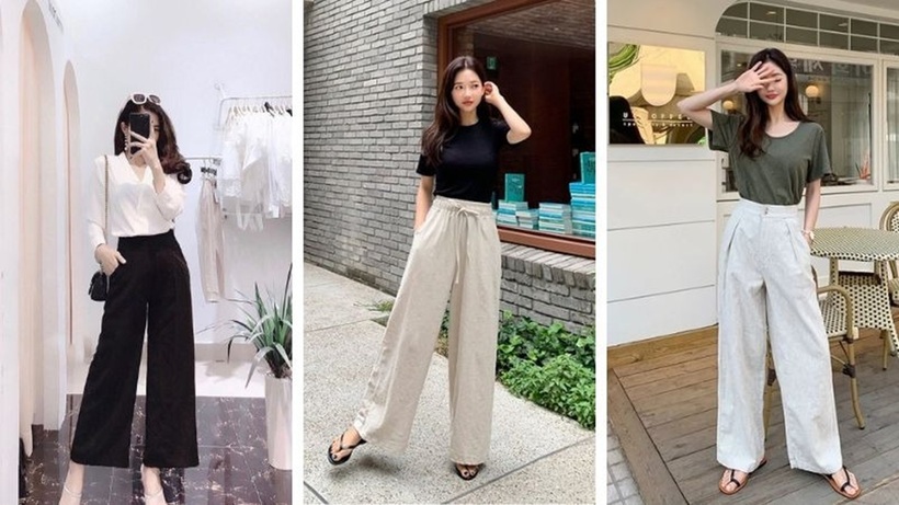 Khi mặc quần ống rộng, việc kết hợp với áo dáng ngắn như croptop hoặc sơ vin áo vào trong quần sẽ giúp tạo ra tỷ lệ cơ thể cân đối.