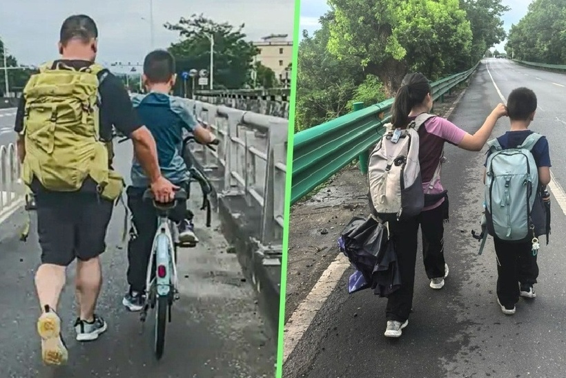 Cha dẫn hai con đi bộ 800 km trong 1 tháng để rèn ý chí. Ảnh: SCMP.