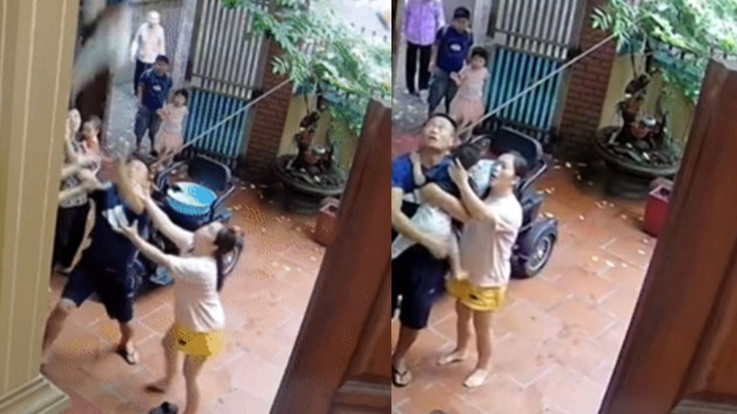 Bé trai ở Hà Nội rơi từ mái tôn xuống, may mắn được người đỡ kịp thời. Ảnh: Sở hữu trí tuệ