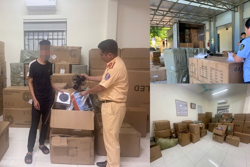 Lực lượng chức năng kiểm tra phương tiện, hàng hóa.