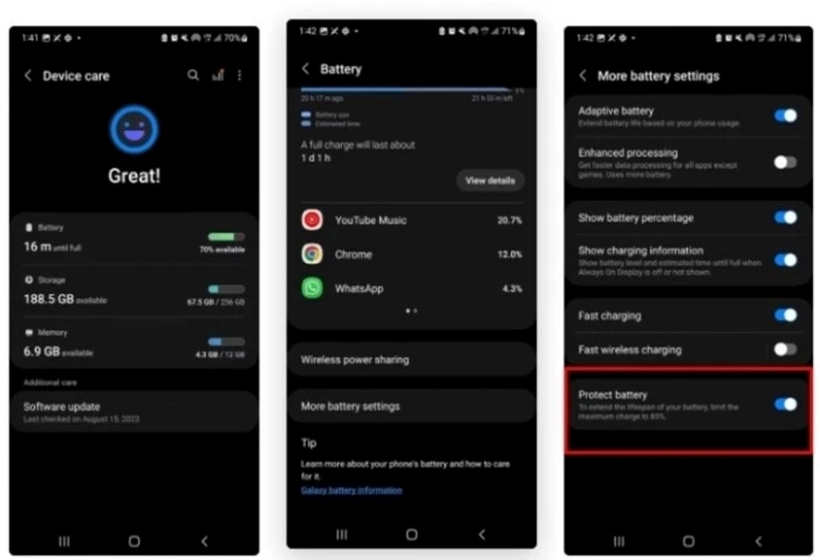 Các bước bật tính năng bảo vệ pin trên điện thoại Samsung.