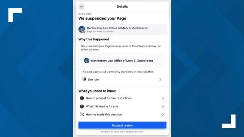 Trang Facebook của công ty luật của Mark Zuckerberg bị khóa lần thứ tư. Ảnh: Mark Zuckerberg/ WTHR.