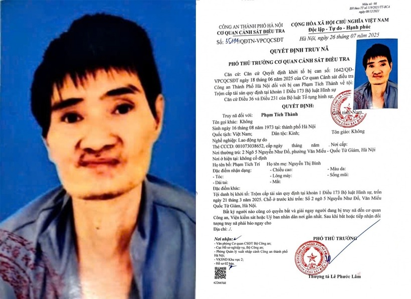 Quyết định truy nã Phạm Tích Thành. Ảnh: Công an Hà Nội
