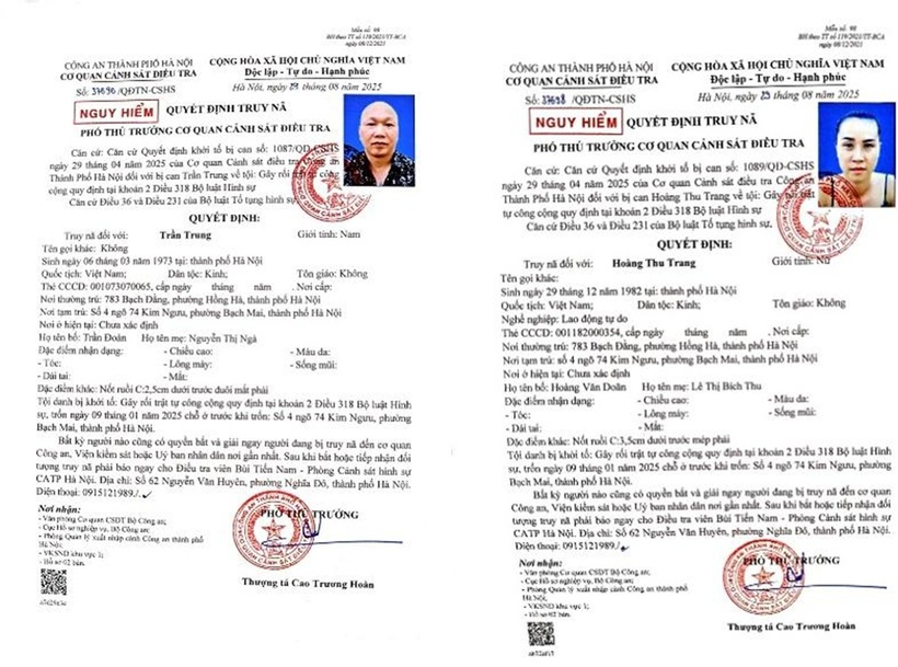 Quyết định truy nã 2 đối tượng. Ảnh: Công an Hà Nội