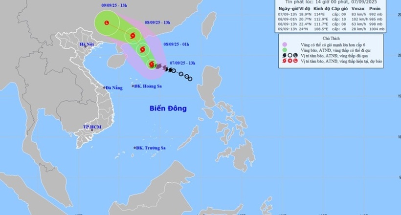 Bão số 7 mạnh cấp 9, gây dông lốc và gió giật mạnh. Ảnh: Trung tâm Dự báo Khí tượng Thủy văn Quốc gia.