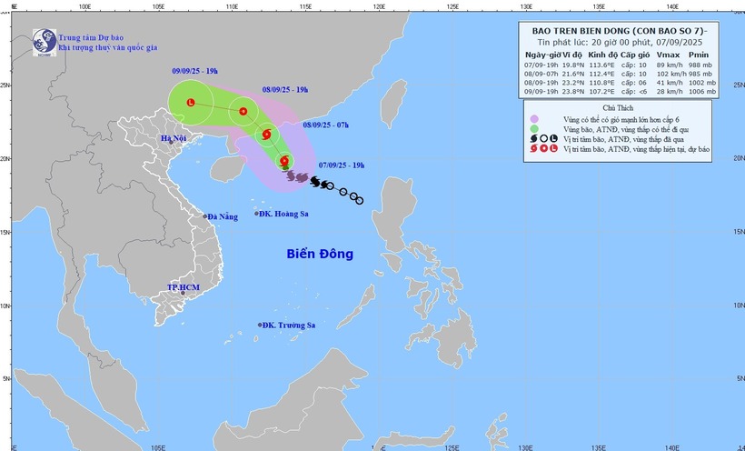 Bản đồ dự báo quỹ đạo và cường độ bão lúc 20h00 ngày 7/9/2025. Ảnh: NCHMF