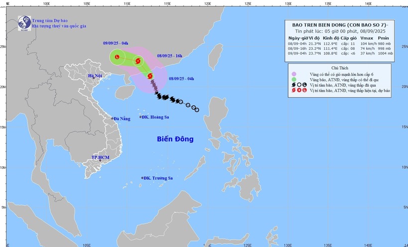 Dự báo vị trí và hướng di chuyển bão số 7 lúc 4h sáng 8/9. Ảnh: NCHMF