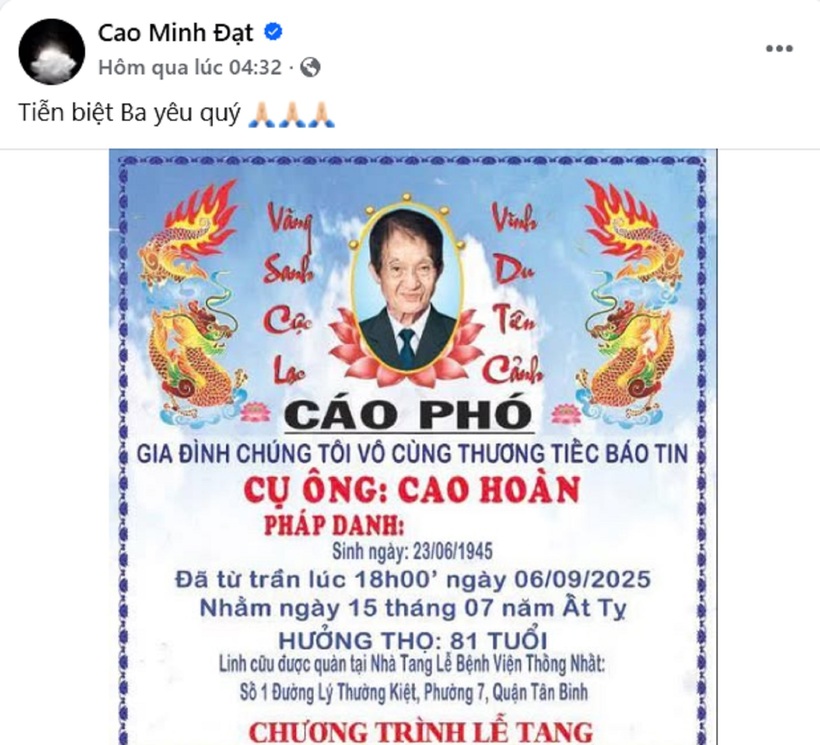 Diễn viên Cao Minh Đạt báo tin tang sự. Ảnh chụp màn hình