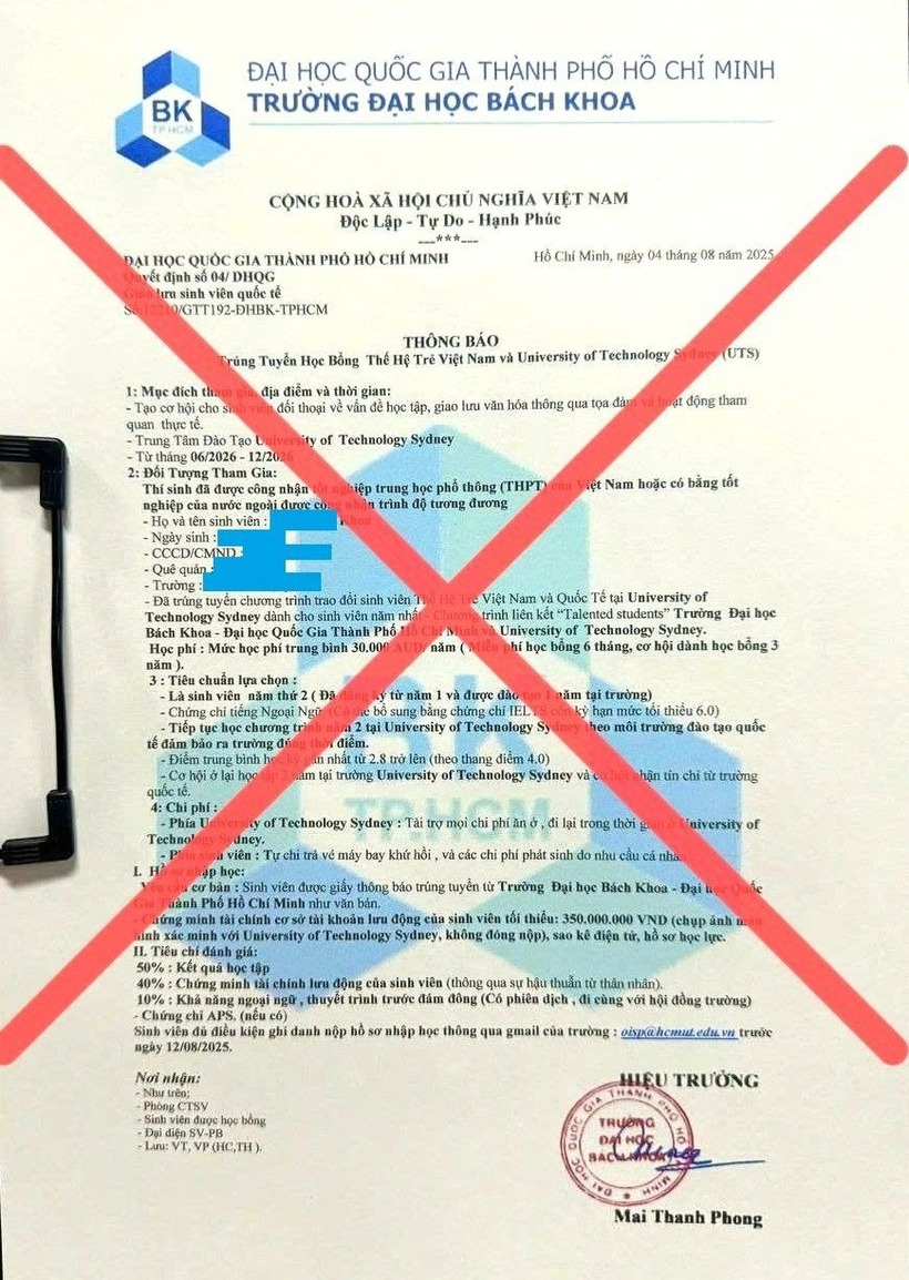 Trường Đại học Bách Khoa TP.HCM phát thông báo cảnh báo về văn bản giả mạo nhà trường nhằm mục đích lừa đảo. Ảnh: CAND