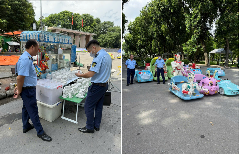 Lực lượng Quản lý thị trường Hà Nội kiểm tra, giám sát tại các điểm dịch vụ ăn uống, khu vui chơi, giải trí trên địa bàn. Ảnh: QLTT