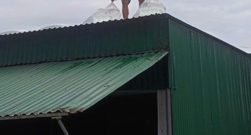 Người dân ven biển tỉnh Nghệ An bơm nước vào các túi nilon tlên mái nhà để ứng phó gió giật mạnh khi bão số 5 đổ bộ. Ảnh: Người lao động