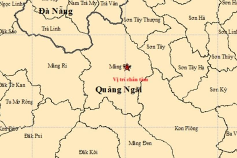 Vị trí tâm chấn tại xã Măng Bút. Ảnh: Viện Vật lý địa cầu/VnExpress