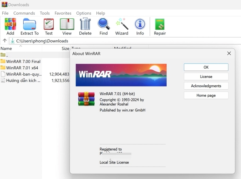 Phần mềm giải nén Winrar. Ảnh: Dân trí