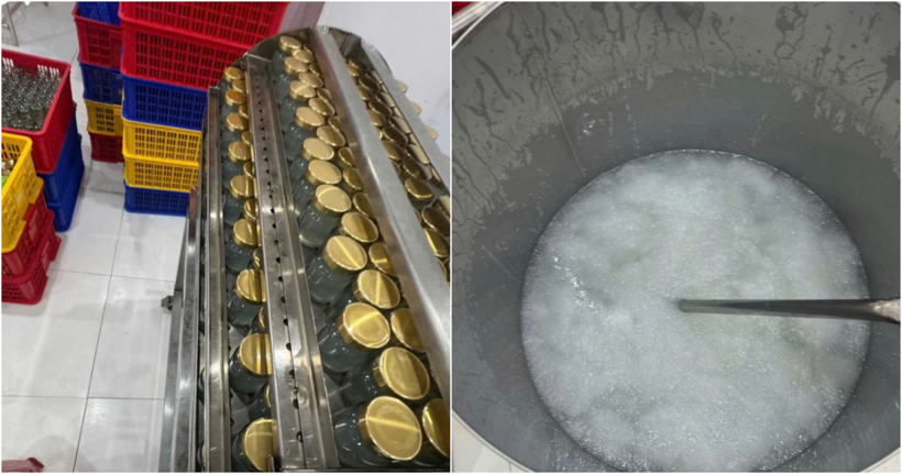 Rất nhiều hũ thủy tinh bên trong xưởng sản xuất yến chưng giả. Ảnh: VOV