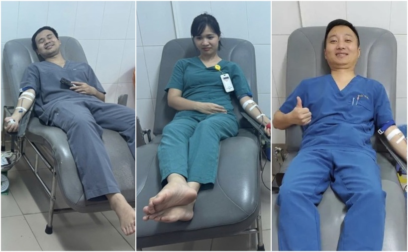 Các bác sĩ, điều dưỡng Bệnh viện Đa khoa tỉnh Quảng Trị hiến máu phục vụ cấp cứu bệnh nhân. (Ảnh: Tiền phong)