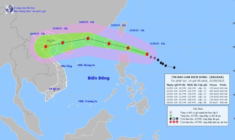 Hướng đi của bão Ragasa. Ảnh: Trung tâm Dự báo khí tượng thủy văn quốc gia.