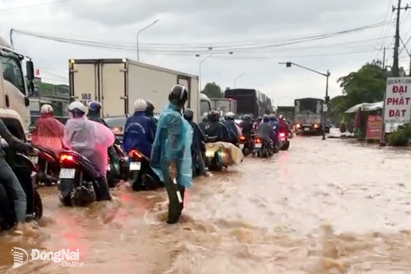 Mưa lớn gây ngập quốc lộ 1, đoạn qua xã Dầu Giây. (Ảnh: Báo Đồng Nai)