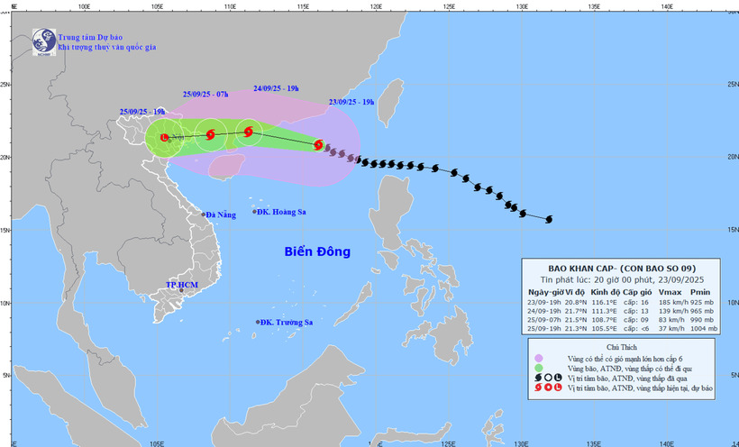 Dự kiến hướng đi của bão. Ảnh: NCHMF.