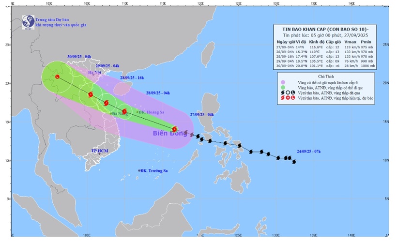Vị trí bão số 10 Bualoi. (Ảnh: nchmf)