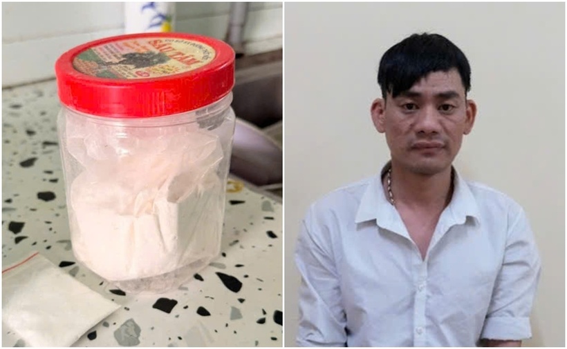 Đối tượng Huỳnh Văn Ty tại cơ quan Công an cùng tang vật ma túy thu giữ tại nơi ở của Ty. (Ảnh: Cơ quan công an)