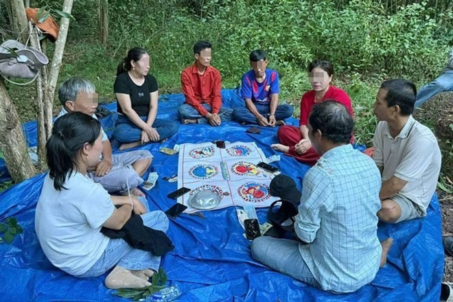 Công an bắt quả tang 8 con bạc đang tụ tập xóc bầu cua ăn tiền trong rừng keo ở Gia Lai. Ảnh: Công an