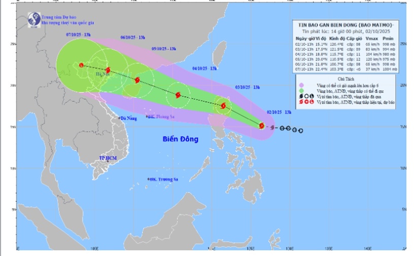 Dự báo hướng đi của bão Matmo. (Ảnh: NCHMF)