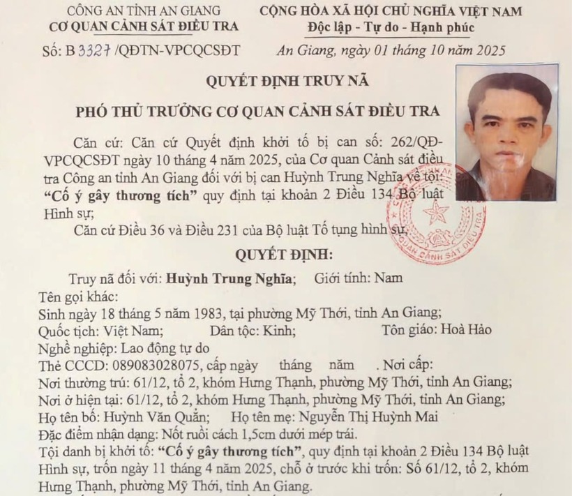 Cơ quan Cảnh sát điều tra Công an tỉnh An Giang truy nã Nghĩa về tội “Cố ý gây thương tích”. (Ảnh: Lao động)