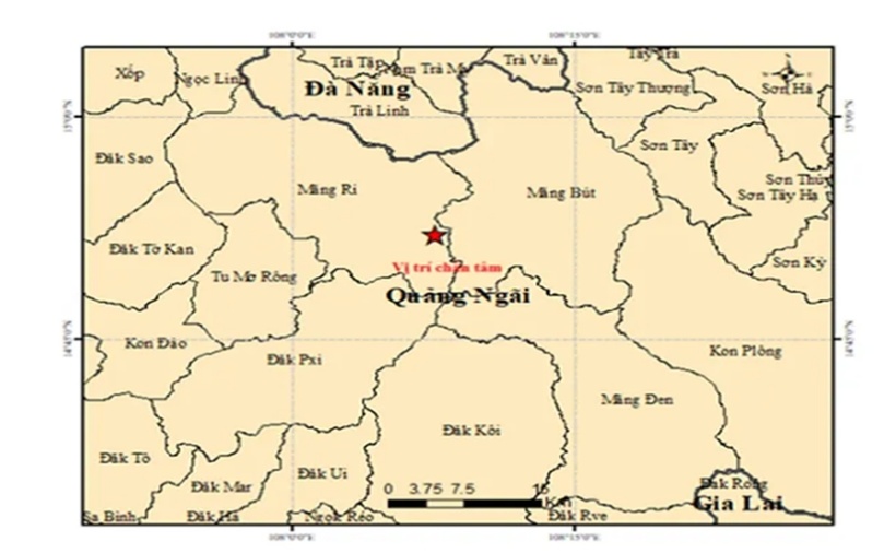 Vị trí chấn tiêu trận động đất tại xã Măng Ri, tỉnh Quảng Ngãi. (Ảnh: SGGP)