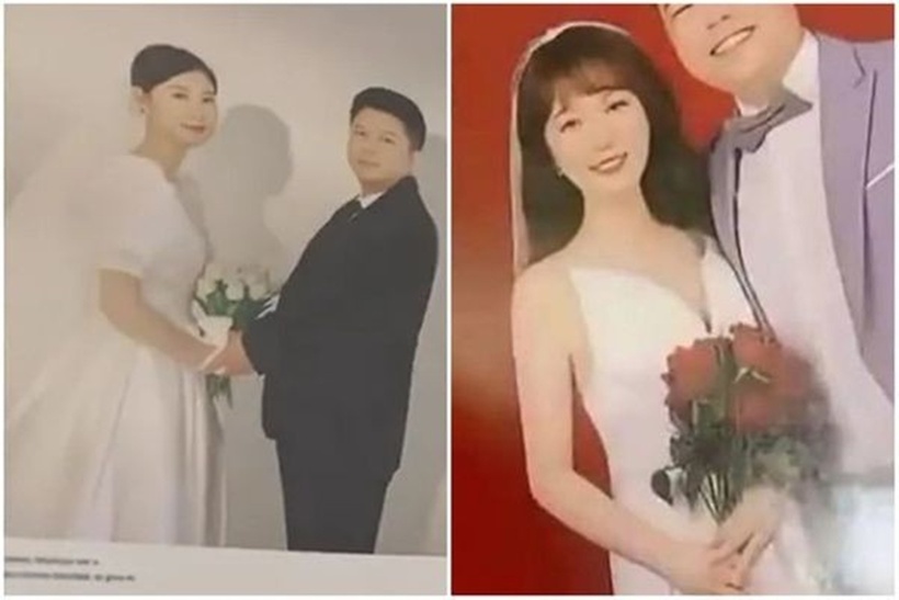 Vợ chồng Lin Xiaoya (trái) bị nhầm lẫn ảnh với cặp đôi xa lạ (phải). Ảnh: Weibo.