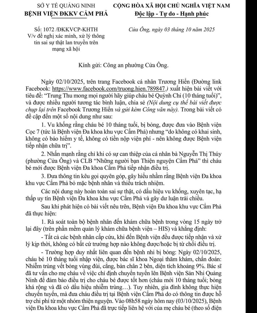 Bệnh viện Đa khoa khu vực Cẩm Phả đã gửi công văn đề nghị cơ quan công an xác minh và xử lý thông tin sai sự thật đang lan truyền trên mạng xã hội. Ảnh: SK&ĐS.