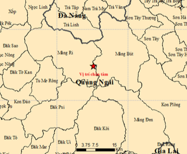 Bản đồ chấn tâm trận động đất mạnh 4,9 độ xảy ra lúc 1h28 sáng 6/10. Ảnh: Viện Các khoa học Trái đất