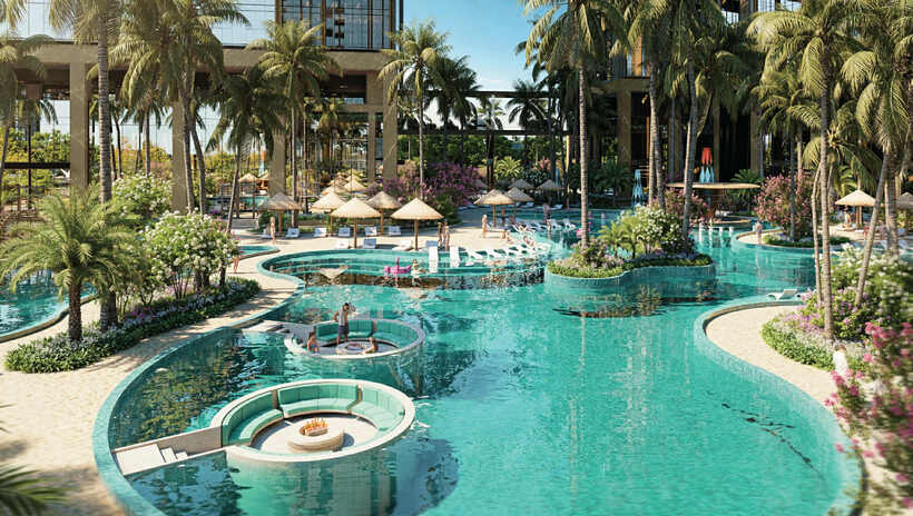 Trung tâm dự án là khuôn viên 12.000 m² cây xanh, mặt nước, hòa cùng đường dạo bộ xinh xắn, các chòi nghỉ, quầy bar ngoài trời,... - nơi cư dân tận hưởng trọn vẹn nhịp sống an nhiên chuẩn Wellness Resort.