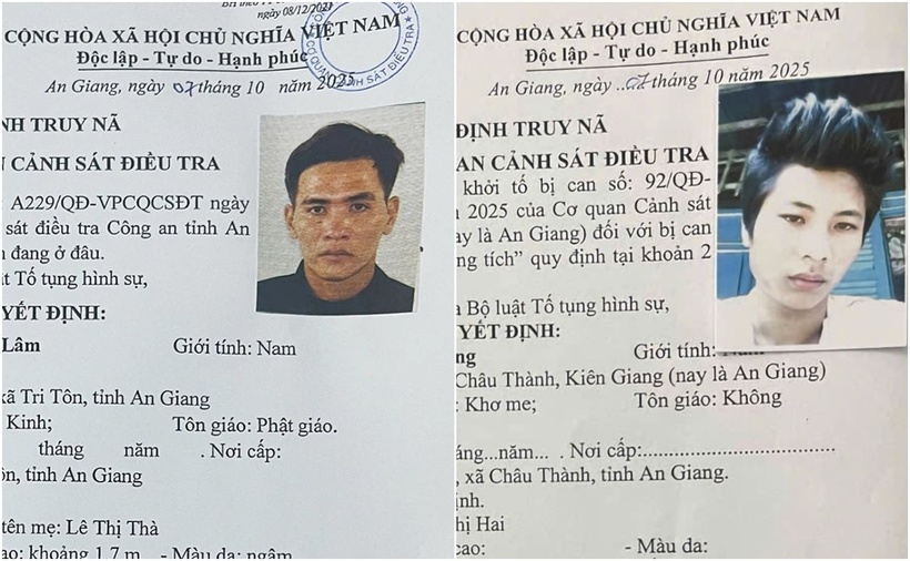 Quyết định truy nã đối với Nguyễn Văn Lâm và Danh Phụng. (Ảnh: Lao động)