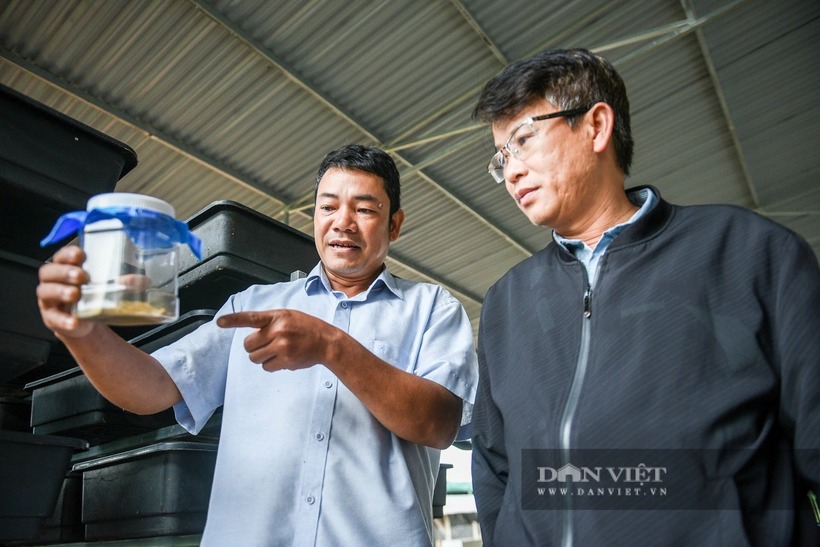 Anh Thống (trái) giới thiệu cho cán bộ Hội Nông dân tỉnh Lâm Đồng về trứng ruồi lính đen đang được nhân giống trong trang trại của mình. Ảnh: Dân Việt