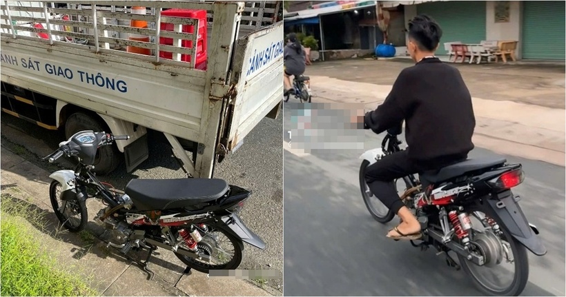 Nam thanh niên điều khiển xe mô tô đã thay đổi hình dáng xe, không gắn biển số xe, không có gương chiếu hậu, không đội mũ bảo hiểm khi tham gia giao thông trên đường. Ảnh: Công an tỉnh Đồng Tháp.