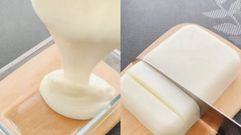 Nấu hỗn hợp sữa, làm đông, cắt miếng.