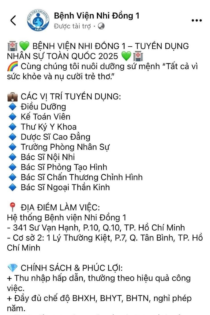 Bài đăng dùng hình ảnh và tên Bệnh viện Nhi đồng 1 để giả mạo tuyển dụng (Ảnh: BV).