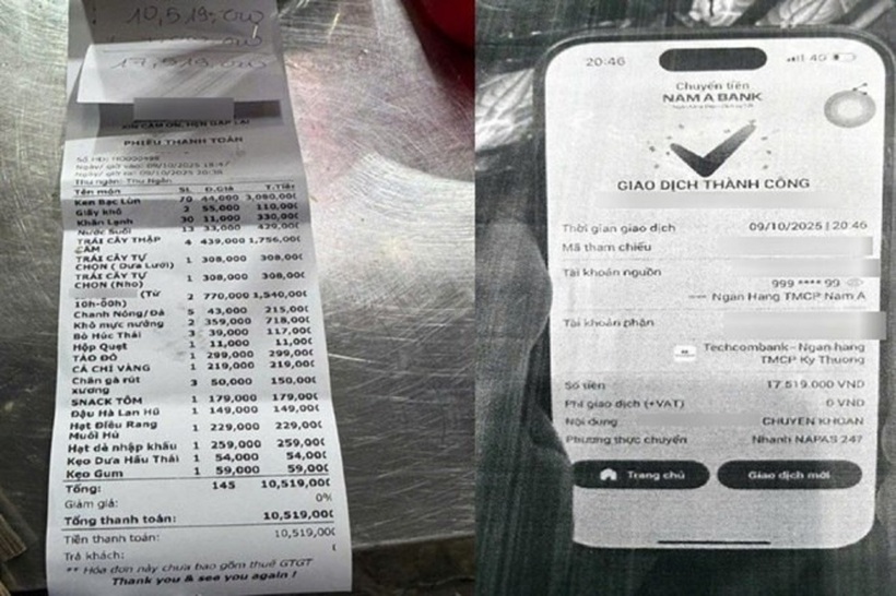 Hóa đơn và thông tin chuyển khoản cơ sở karaoke cung cấp cho đoàn kiểm tra. Ảnh: Lao Động