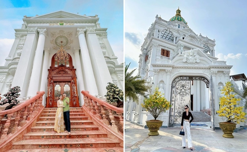 Vợ chồng Ngân Collgen chụp ảnh tại căn nhà 500 tỷ đồng. (Ảnh: Trần Thị Bích Ngân/Facebook)