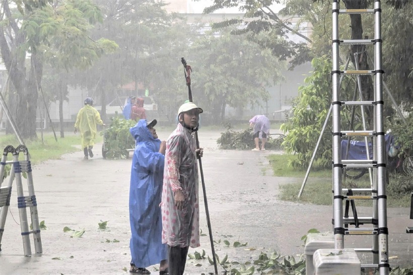 Lực lượng chức năng thực hiện việc cắt tỉa cây xanh tại Trường THPT Nguyễn Văn Thoại. Ảnh: VietNamnet