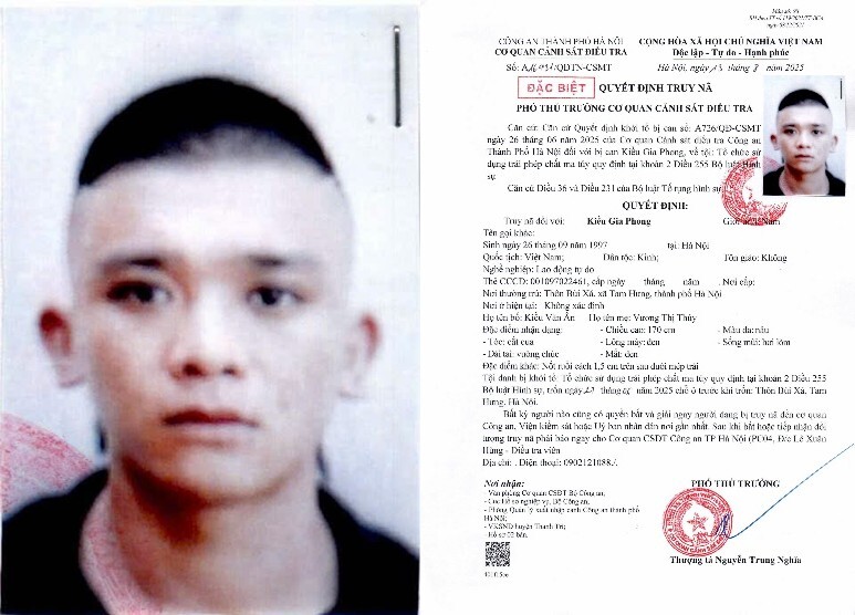 Quyết định truy nã Kiều Gia Phong. (Ảnh: Công an TP.Hà Nội)