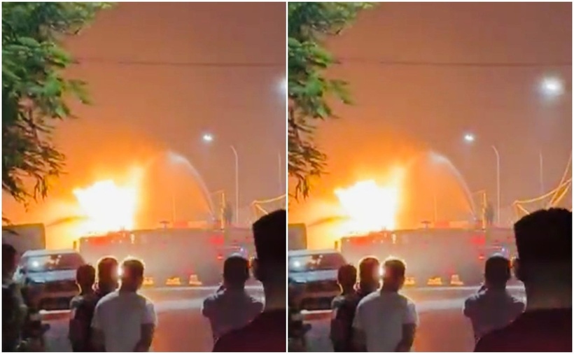 Lực lượng PCCC Hưng Yên dập tắt vụ cháy xe bồn trong hơn 1 giờ. (Ảnh: Lao động)