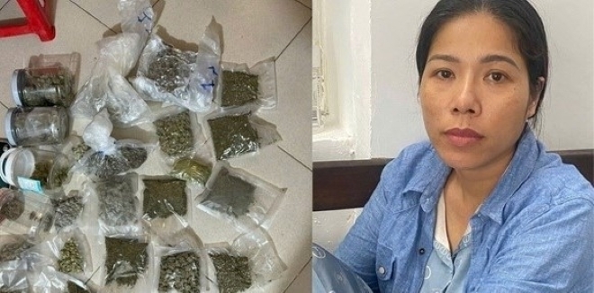 Công an phường Hoàn Kiếm bắt Phạm Thị Thơm chuyên tiêu thụ cần sa tại Hà Nội qua dịch vụ giao hàng công nghệ. Ảnh: Lao động