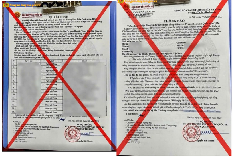Các đối tượng dùng thủ đoạn giả mạo "Thông báo dự tuyển" hoặc "Quyết định họp Hội đồng xét chọn" rất tinh vi, có tên cơ quan, chữ ký và "dấu đỏ". Ảnh: Công an tỉnh Lạng Sơn